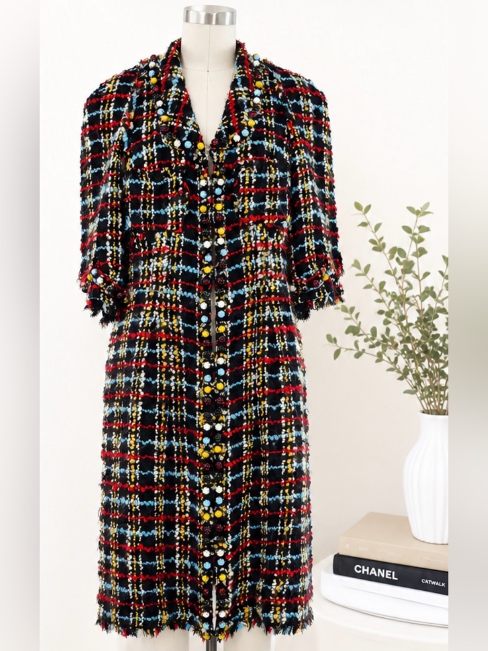 CHANEL Black Tweed Midi Dress with Multicolor Plaid Buttons